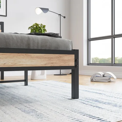 Miniatura 8 de HOJINLINERO Marco de cama individual con cabecera de madera, marco de cama de metal con plataforma individual, no necesita somier, listones de acero