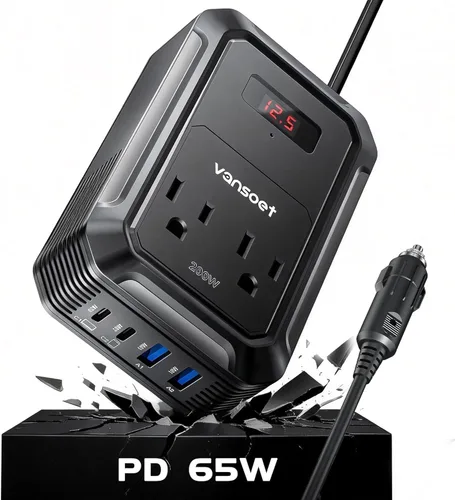 Inversor de energía para automóvil de 200W CC 12V a 110V CA con PD 65W/30W USB C y 2 puertos USB QC 18W y 2 salidas CA, adaptador de enchufe con