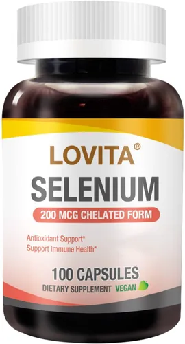 LOVITA Selenio 200 mcg, forma quelatada de glicinato para una alta absorción, sin levadura, apoyo para la salud inmunitaria y tiroidea, 100 cápsulas