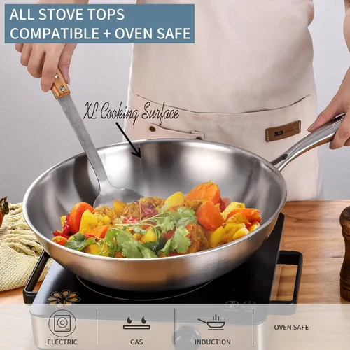 Miniatura 3 de LOLYKITCH Wok pequeño de acero inoxidable de 11 pulgadas con tapa, sartén de tres capas, wok de cocina sin recubrimiento para inducción y vidrio