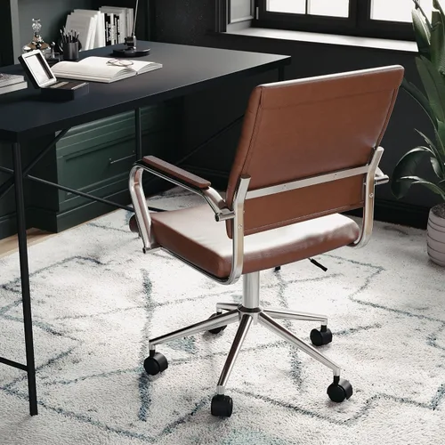 Miniatura 8 de Martha Stewart Piper - Silla giratoria con reposabrazos para oficina en casa en piel sintética marrón con marco de níquel pulido