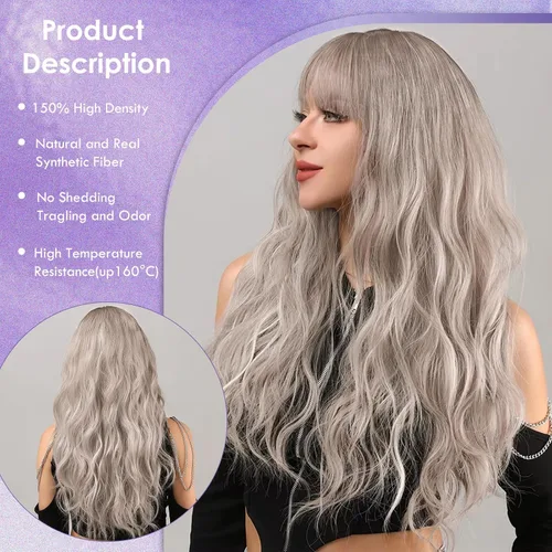 Miniatura 2 de Peluca larga de color rubio ceniza con flequillo, pelucas onduladas y rizadas gris rubio de aspecto natural, peluca de fibra sintética resistente al