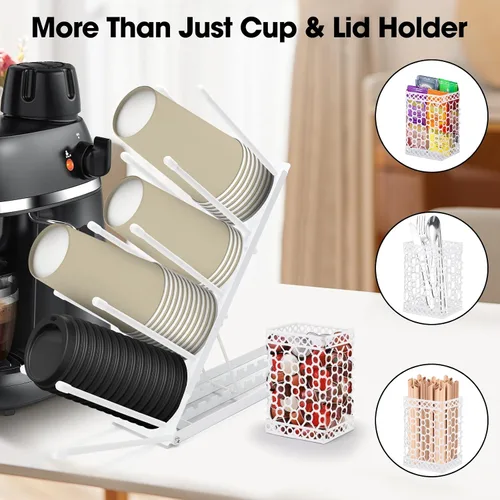 Miniatura 5 de ShineMe Soporte para taza de café para encimera, dispensador de tazas de metal ajustable y tapa con organizador de pajita, organizador de 4