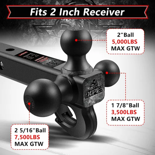 Miniatura 2 de Enganche de remolque tri bola con gancho, se adapta a receptor de enganche de 2", 1-7/8", bolas de 2" y 2-5/16" con acabado negro mate, seguro