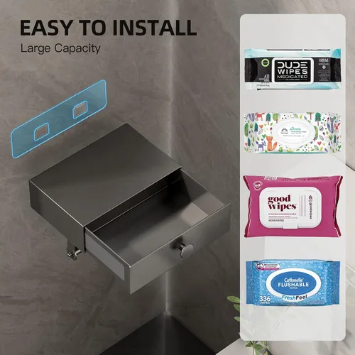 Miniatura 2 de VOLDRA Soporte de papel higiénico con estante dispensador de toallitas grises para baño, soporte de papel higiénico con diseño de cajón