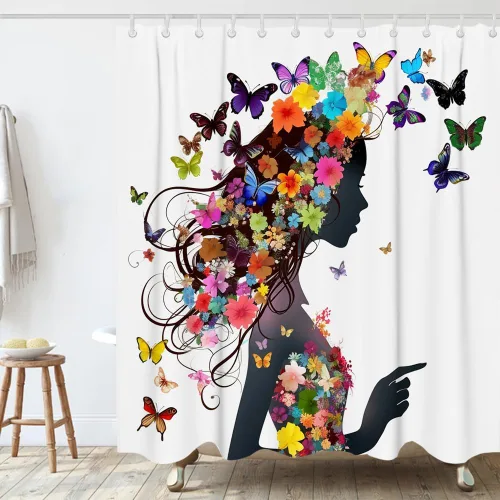 Miniatura 2 de Cortina de ducha de tela para bañeras de baño con diseño floral de mujer, con 12 ganchos, 72 x 72 pulgadas, poliéster, lavable a máquina, rosa