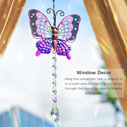 Miniatura 6 de Juego de 2 atrapasoles de mariposa de metal para ventanas – Decoración de pared de valla al aire libre de 14 pulgadas, prismas arcoíris