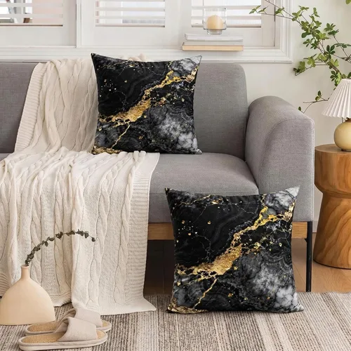 Miniatura 3 de Yobvec Juego de 2 fundas de almohada de 18 x 18 pulgadas, color negro dorado y gris, fundas de cojín decorativas de mármol abstracto, decoración