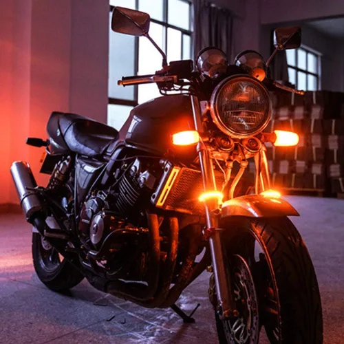 Miniatura 7 de 2 piezas flexibles Switchback de doble color blanco y ámbar para motocicleta LED horquilla intermitentes DRL luz diurna impermeable ajustable kit