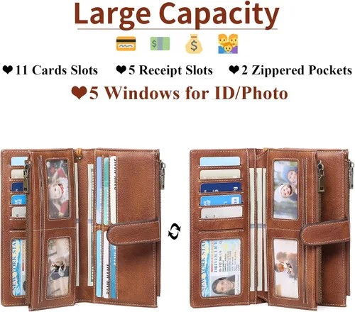 Miniatura 2 de GOIACII Carteras para Mujer de Gran Capacidad Portador de Tarjetas de Crédito Cartera Rfid Mujer Doble Cremallera Bolsillo Cuero Bifold para Damas