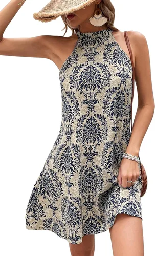 Miniatura 5 de WDIRARA Vestido de mujer con estampado bohemio, dobladillo acampanado, sin mangas, con lazo en la espalda, con cinturón