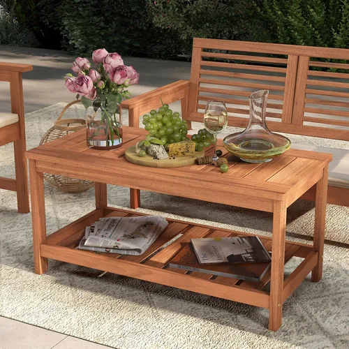 Miniatura 4 de Tangkula Mesa de centro de madera para exteriores, mesa de centro de patio de 2 niveles con mesa de madera dura de listones y estante
