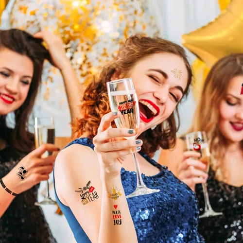 Miniatura 2 de 65 piezas de suministros para fiesta de Año Nuevo, 12 hojas de calcomanías de tatuajes temporales, decoraciones de feliz año nuevo, decoración NYE