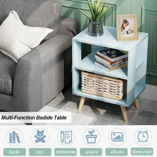 Miniatura 3 de Aenuert Mesita de noche azul para niños, mesa auxiliar moderna con almacenamiento abierto, mesa de noche de 2 niveles para espacio pequeño, sala