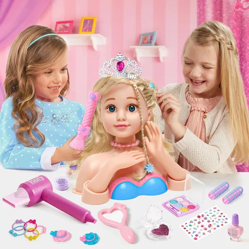 Miniatura 5 de Golray Kit de maquillaje de cabeza de muñeca para peinar, arte de uñas, juguetes para niñas, juguete de peluquería/cosméticos reales esmalte