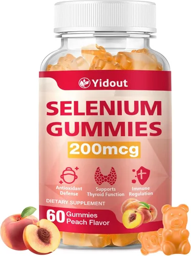 Suplemento de selenio para gomitas de apoyo tiroideo de 200 mcg como refuerzo de energía para mujeres y hombres, sabor melocotón (60 unidades
