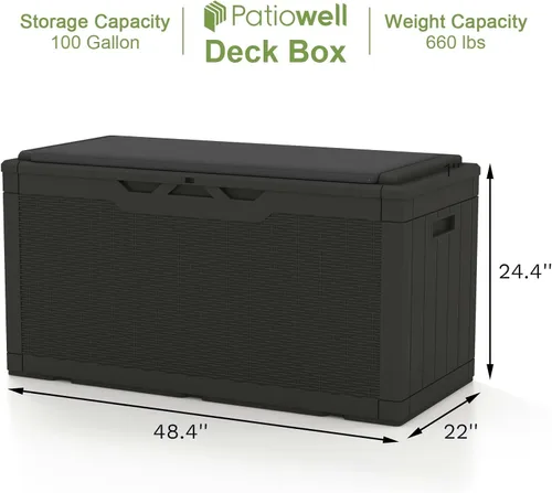 Miniatura 6 de Patiowell Caja de resina de 100 galones con cojín, caja de almacenamiento impermeable grande para exteriores para muebles de patio y herramientas