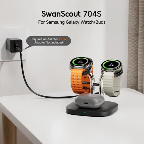 Miniatura 3 de SwanScout Cargador de reloj doble, SwanScout 704S, estación de carga inalámbrica 3 en 1 para Samsung Galaxy Watch 8 Classic/8/Ultra/7/6/6 Classic/5
