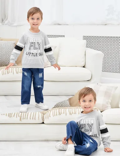 Miniatura 3 de oklady Ropa para niño pequeño, sudadera de manga larga con letras y pantalones de mezclilla rasgados, trajes de otoño e invierno para niños, 2-6T