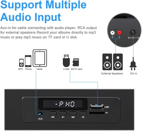 Miniatura 3 de Tocadiscos de vinilo Bluetooth con dos altavoces incorporados, grabación USB, transmisión por correa, 3 velocidades, tocadiscos para discos de Negro