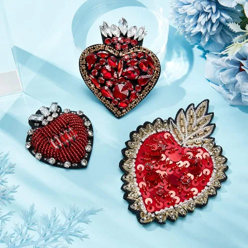 Miniatura 6 de INFUNLY 3 piezas de parches de cuentas de diamantes de imitación de corazón de cristal rojo, parches decorativos hechos a mano con apliques