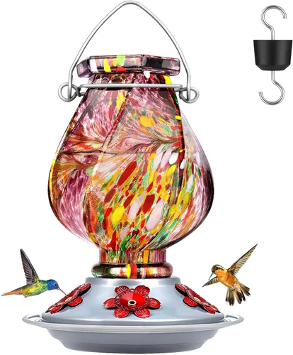 Miniatura 15 de BOLITE - Alimentador de colibríes, de vidrio soplado a mano, diseño torcido, para exteriores, con trampa para hormigas y cinco puertos de Azul