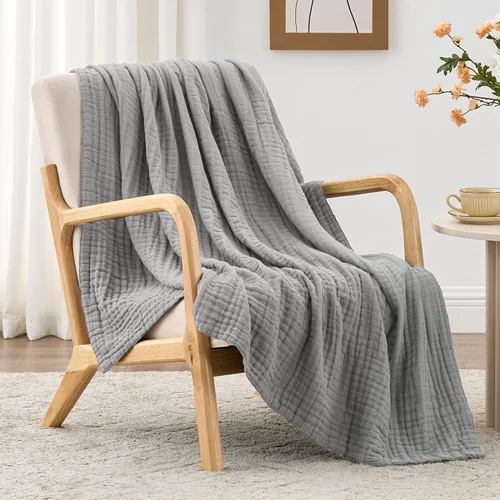 Miniatura 17 de Love's cabin - Manta de muselina de 6 capas 100% algodón, 90"x90", manta de muselina tamaño queen para sofá o cama, de algodón de gasa ligera y Beige
