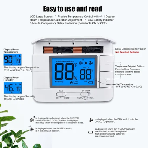 Miniatura 4 de Termostato no programable para el hogar - Multietapa 2H/2C, con gran pantalla LCD de temperatura y humedad ambiente