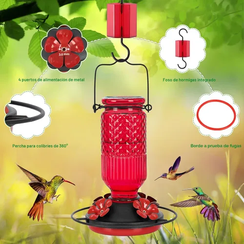 Miniatura 4 de FEED GARDEN Comedero de vidrio para colibríes para colgar al aire libre, comedero de colibríes de 16 onzas con 4 puertos de alimentación con Rojo