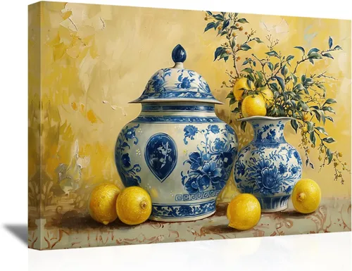 Miniatura 8 de SWQYLB Arte de pared de limón para cocina, cuadro vintage de frutas cítricas, impresiones en lienzo amarillo limón con cerámica azul, pintura