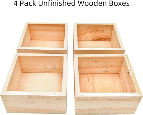 Miniatura 2 de Anktily 4 Pack Cajas Organizadoras de Almacenamiento de Madera para Manualidades Sin Acabar, Caja de Madera Cuadrada Pequeña de 3 x 3 x 1.6