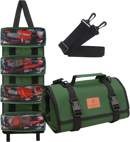 Miniatura 16 de Bolsa enrollable para herramientas, bolsa enrollable multiusos de lona de 16 onzas, organizador con 5 bolsillos para herramientas con cremallera