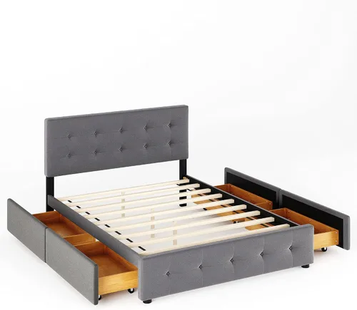 Miniatura 5 de XIONGGG Cama de plataforma tapizada, tamaño Queen, base de cama con 4 cajones y cabecero, soporte de listones de madera, no necesita somier