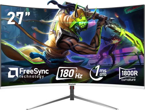 Gawfolk - Monitor de computadora PC de 27 pulgadas, monitor curvo para juegos de 1800R 180Hz, FHD1080p 1ms sin bisel, freesync, 98% sRGB, ángulo de