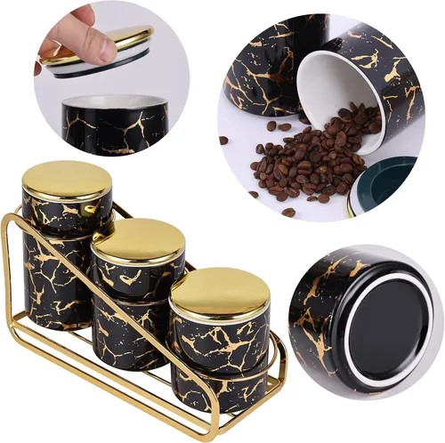 Miniatura 2 de Juego de Recipientes de Cerámica con Patrón Dorado de Metal para Encimera de Cocina - Un Juego de 3 Recipientes de Cocina con Estante Escalonado
