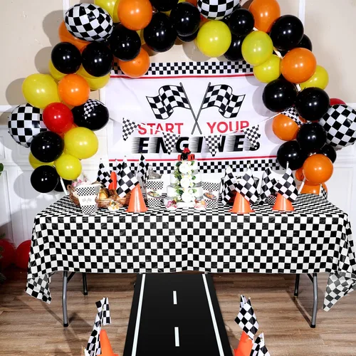 Miniatura 5 de Remagr 26 piezas de decoración de fiesta de autos de carreras, incluye 1 telón de fondo de bienvenida para fanáticos, 8 mini conos de seguridad