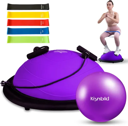 Miniatura 11 de kisnbld Entrenador de media pelota de equilibrio, pelota de ejercicio inflable de 19/23 pulgadas con bandas de resistencia y pelota de pilates