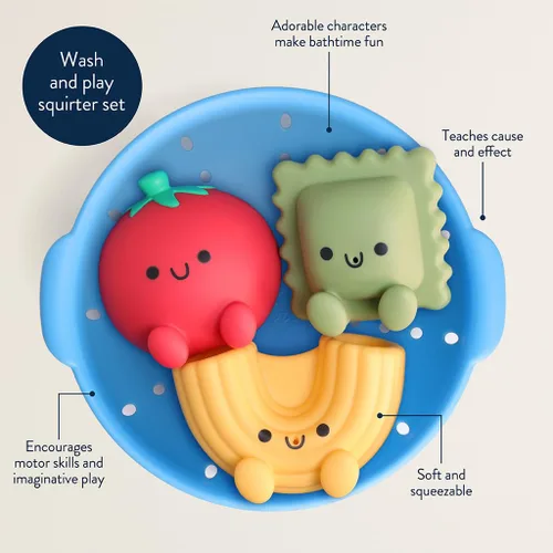 Miniatura 5 de Itzy Ritzy Juguetes de baño Squirter – Juego de 3 juguetes de baño texturizados en forma de pasta y 1 colador de espolvoreo – Itzy Splash Pals Fruta