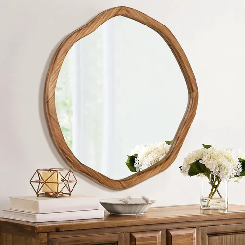 Miniatura 7 de ULIKE Espejo redondo de madera, espejo de pared circular irregular de 24 pulgadas con marco de madera, soporte de pared decorativo rústico