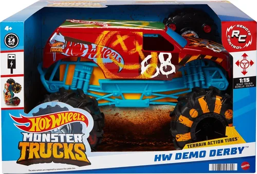 Miniatura 6 de Hot Wheels RC Monster Trucks HW Demo Derby en escala 1:15, camión de juguete con control remoto con neumáticos de acción de terreno