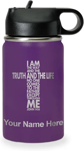Miniatura 35 de LaserGram Botella de agua de doble pared abatible de 12 onzas con pajilla, versículo bíblico John 14-6, grabado personalizado incluido