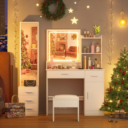 Miniatura 8 de INTERGREAT Escritorio de tocador de maquillaje con luces y espejo de longitud completa, juego de mesa de tocador blanca con 3 modos de iluminación