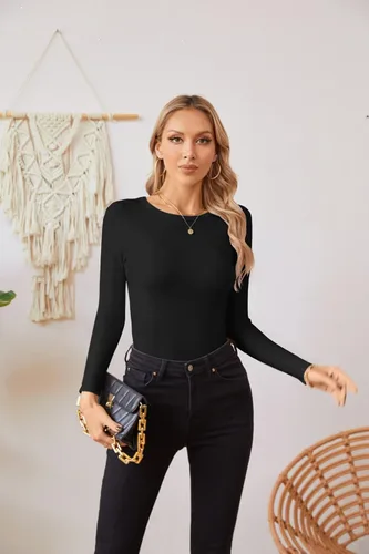 Miniatura 3 de VICHYIE Ropa de otoño para mujer, cuello redondo, acanalada, manga larga, ajustada, camiseta básica casual