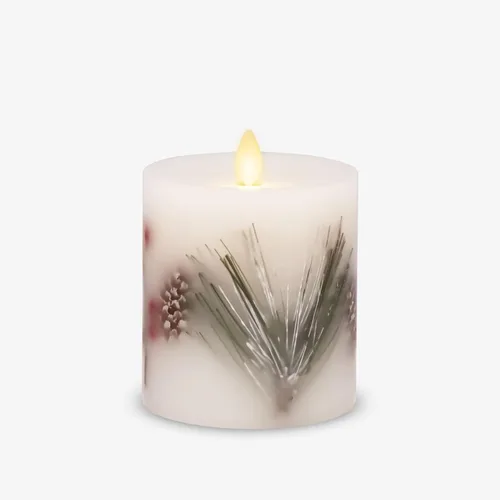 Luminara Vela LED sin llama incrustada, bayas de pino de 3.5 x 4.5 pulgadas, pilar de llama móvil, temporizador a pilas, cera real, sin perfume,