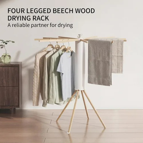Miniatura 3 de LEQ Tendedero plegable para ropa interior con 4 pies de soporte, tendedero de ropa para apartamento con 12 brazos de secado de madera