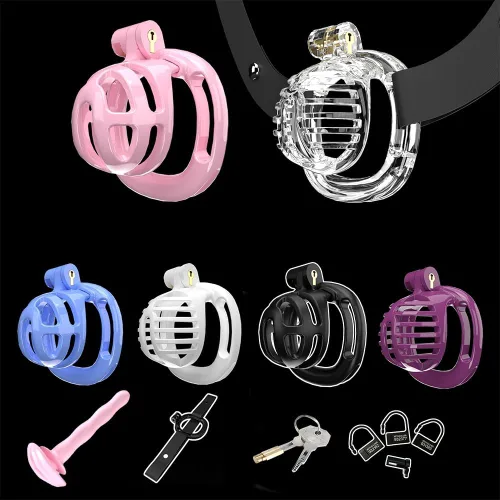 Miniatura 8 de Heuceo Jaula de castidad pequeña y ligera con 4 anillos y cinturón de castidad y dilatador uretral de silicona para hombre, mini jaula de pene liso