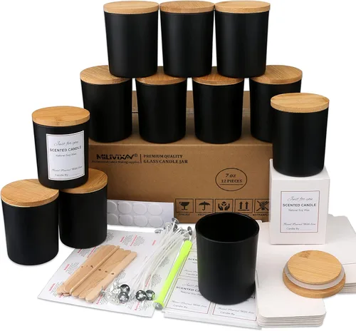 Miniatura 11 de MILIVIXAY Paquete de 12 unidades de tarros de vela de 7 onzas de vidrio transparente con tapas y kits para hacer velas - Tarros de vela vacíos a
