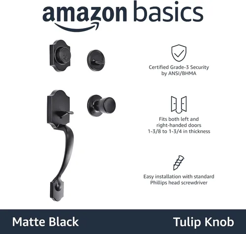 Miniatura 2 de Amazon Basics - Juego de manijas con perilla tulipán y cerradura monocilíndrica para puertas, en acabado color negro mate