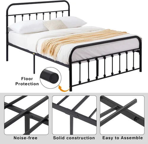 Miniatura 7 de VECELO Base de cama, plataforma de metal tamaño Queen con cabecero y estribo, base de colchón de soporte de listones de acero de alta calidad,
