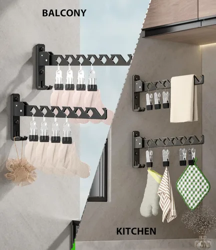 Miniatura 5 de Soporte para colgar abrigos de pared, organizador de secado de ropa negro, ganchos de aluminio retráctiles plegables para interiores para colgar